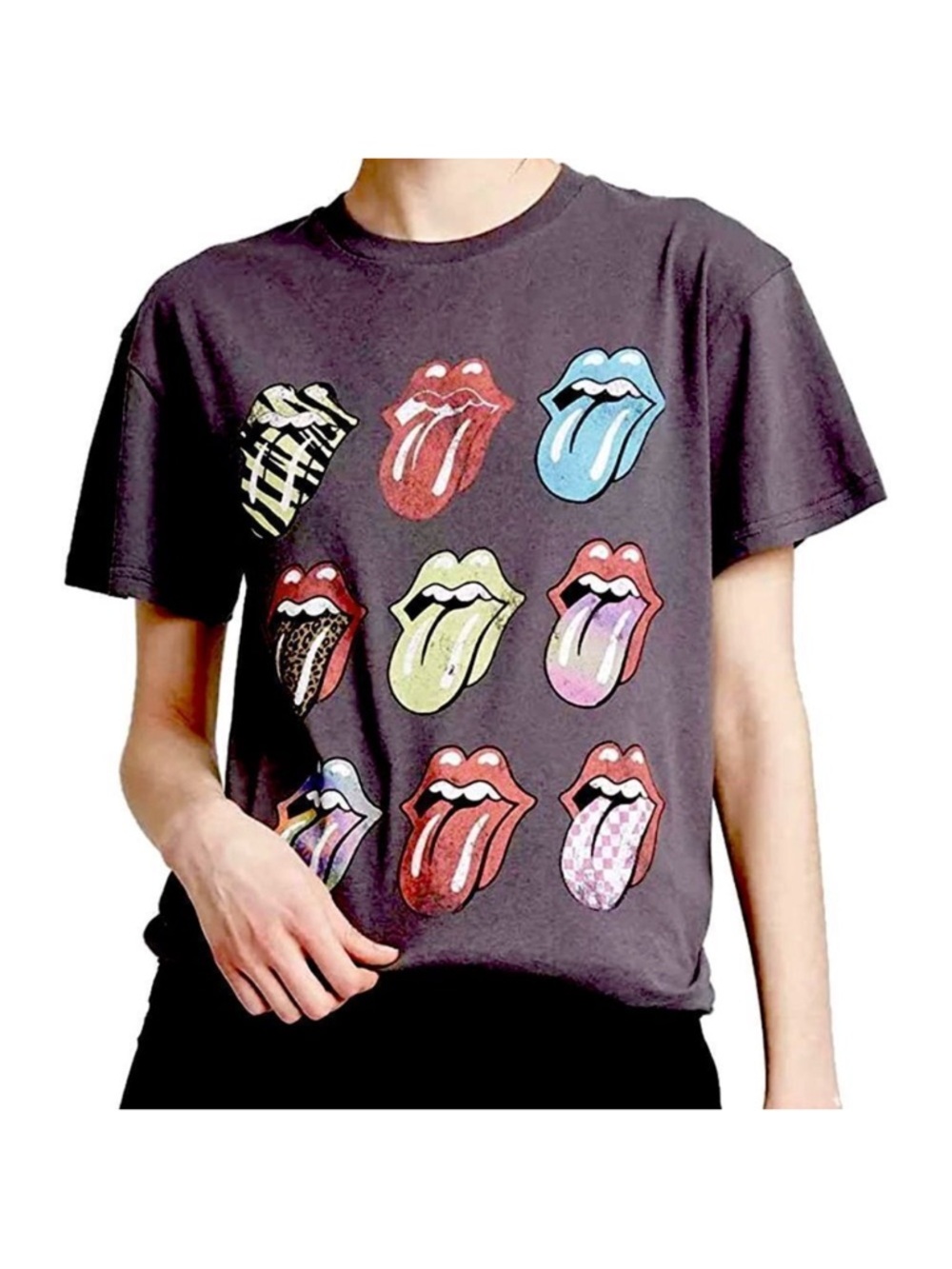 the Rolling Stones gray Tee with Multicolor Tongue Motifs
